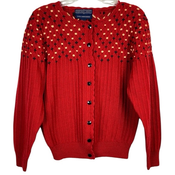 Vintage Herman Geist 100% Wool Red Brown Tan Hand Embroidered Cardigan Size M - Picture 1 of 13
